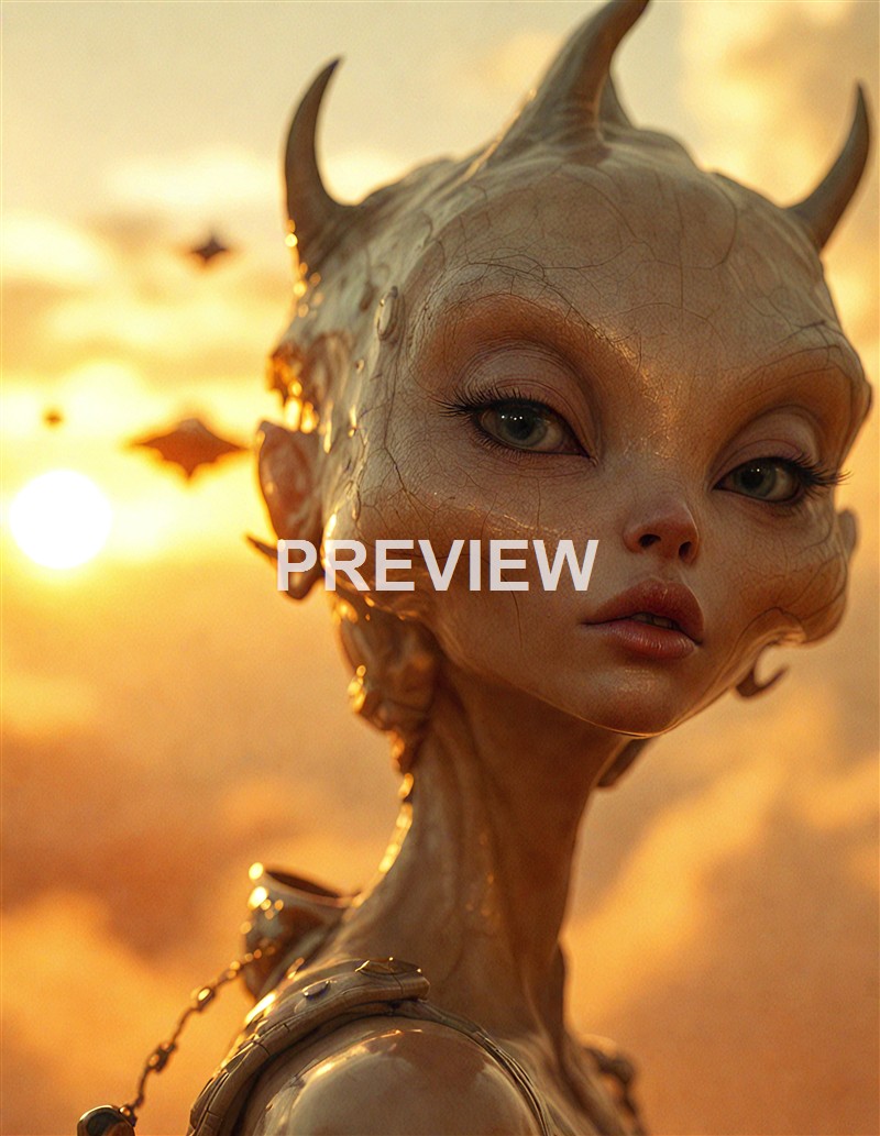 A humanoid figure with a blend of human and alien features, including large eyes, pointed ears, and textured skin, set against a sunset background with flying bats.